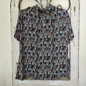 east5th Women`s Short Sleeve Brown Multi Print Keyhole Shirt Top Size L